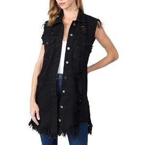 image:imagechoutyou Womens Casual Frayed Tassel Hem Ripped Holes Mid Long Denim Vest CoatBlack