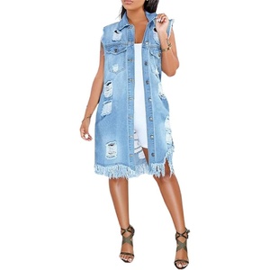 image:imagechoutyou Womens Casual Frayed Tassel Hem Ripped Holes Mid Long Denim Vest CoatBlue