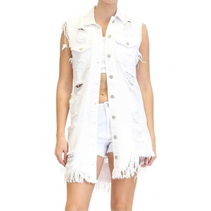 image:imagechoutyou Womens Casual Frayed Tassel Hem Ripped Holes Mid Long Denim Vest CoatWhite
