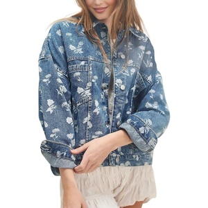 image:imagechouyatou Womens 2025 Fall Boyfriend Floral Denim Jacket Y2K Oversized Button Down Jean Jacket ShacketsBlue