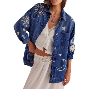 image:imagechouyatou Womens 2025 Fall Embroidery Denim Jacket Vintage Boyfriend Casual Oversized Jean JacketDark Blue