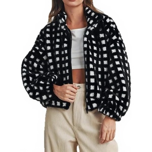 image:imagechouyatou Womens Fall Winter Checkered Stand Collar Sherpa Jacket Y2K Fleece Plaid Zip Up Faux Fur CoatBlack