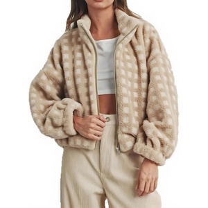 image:imagechouyatou Womens Fall Winter Checkered Stand Collar Sherpa Jacket Y2K Fleece Plaid Zip Up Faux Fur CoatLight Khaki