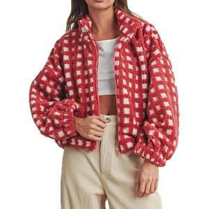 image:imagechouyatou Womens Fall Winter Checkered Stand Collar Sherpa Jacket Y2K Fleece Plaid Zip Up Faux Fur CoatRed
