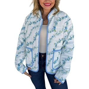 image:imagechouyatou Womens Vintage Floral Print Puffer Quilted Jacket Stand Collar Open Front Lightweight Puffy Down CoatSky Blue