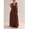 image:imagechouyatou Womens Boho Polka Dot Maxi Dress Sexy U Neck Pleated Swing Beach Party Tank Sun Long DressCoffee