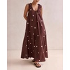 image:imagechouyatou Womens Boho Polka Dot Maxi Dress Sexy U Neck Pleated Swing Beach Party Tank Sun Long DressCoffee