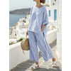 image:imagechouyatou Womens Cotton Linen 2 Piece Striped Outfits 34 Sleeve Shirt and Wide Leg Pant Matching Sets LoungewearBlue