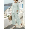 image:imagechouyatou Womens Cotton Linen 2 Piece Striped Outfits 34 Sleeve Shirt and Wide Leg Pant Matching Sets LoungewearGreen