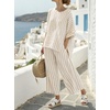 image:imagechouyatou Womens Cotton Linen 2 Piece Striped Outfits 34 Sleeve Shirt and Wide Leg Pant Matching Sets LoungewearKhaki