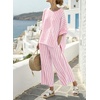 image:imagechouyatou Womens Cotton Linen 2 Piece Striped Outfits 34 Sleeve Shirt and Wide Leg Pant Matching Sets LoungewearRose Pink
