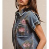image:imagechouyatou Womens Denim 2 Piece Outfits Floral Short Sleeve Button Down Shirt Wide Leg Shorts Summer Matching SetBlue
