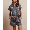 image:imagechouyatou Womens Denim 2 Piece Outfits Floral Short Sleeve Button Down Shirt Wide Leg Shorts Summer Matching SetBlue