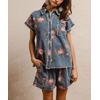 image:imagechouyatou Womens Denim 2 Piece Outfits Floral Short Sleeve Button Down Shirt Wide Leg Shorts Summer Matching SetBlue