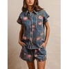 image:imagechouyatou Womens Denim 2 Piece Outfits Floral Short Sleeve Button Down Shirt Wide Leg Shorts Summer Matching SetBlue