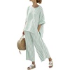 image:imagechouyatou Womens Cotton Linen 2 Piece Striped Outfits 34 Sleeve Shirt and Wide Leg Pant Matching Sets LoungewearGreen