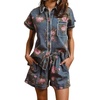 image:imagechouyatou Womens Denim 2 Piece Outfits Floral Short Sleeve Button Down Shirt Wide Leg Shorts Summer Matching SetBlue