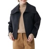 image:imagechouyatou Womens Winter Wool Cropped Jacket Coat Lapel Collar Zip Up Loose Short OuterwearBlack