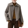 image:imagechouyatou Womens Winter Wool Cropped Jacket Coat Lapel Collar Zip Up Loose Short OuterwearGrey
