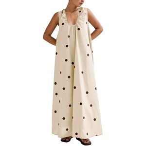 image:imagechouyatou Womens Boho Polka Dot Maxi Dress Sexy U Neck Pleated Swing Beach Party Tank Sun Long DressApricot