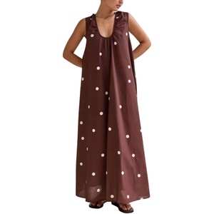 image:imagechouyatou Womens Boho Polka Dot Maxi Dress Sexy U Neck Pleated Swing Beach Party Tank Sun Long DressCoffee