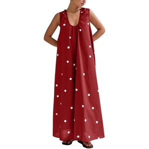 image:imagechouyatou Womens Boho Polka Dot Maxi Dress Sexy U Neck Pleated Swing Beach Party Tank Sun Long DressRed