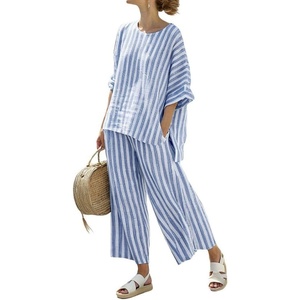 image:imagechouyatou Womens Cotton Linen 2 Piece Striped Outfits 34 Sleeve Shirt and Wide Leg Pant Matching Sets LoungewearBlue