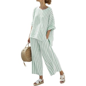 image:imagechouyatou Womens Cotton Linen 2 Piece Striped Outfits 34 Sleeve Shirt and Wide Leg Pant Matching Sets LoungewearGreen
