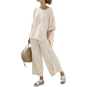 image:imagechouyatou Womens Cotton Linen 2 Piece Striped Outfits 34 Sleeve Shirt and Wide Leg Pant Matching Sets LoungewearKhaki