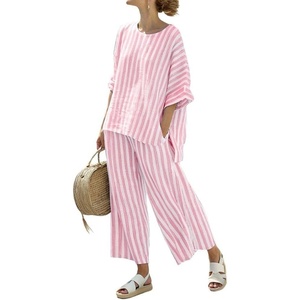 image:imagechouyatou Womens Cotton Linen 2 Piece Striped Outfits 34 Sleeve Shirt and Wide Leg Pant Matching Sets LoungewearRose Pink