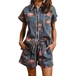 image:imagechouyatou Womens Denim 2 Piece Outfits Floral Short Sleeve Button Down Shirt Wide Leg Shorts Summer Matching SetBlue