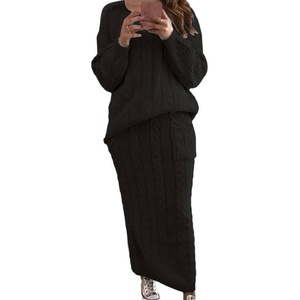 image:imagechouyatou Womens Warm 2 Piece Outfits Cable Knit Sweater Midi Pencil Skirt SetBlack
