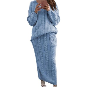 image:imagechouyatou Womens Warm 2 Piece Outfits Cable Knit Sweater Midi Pencil Skirt SetBlue