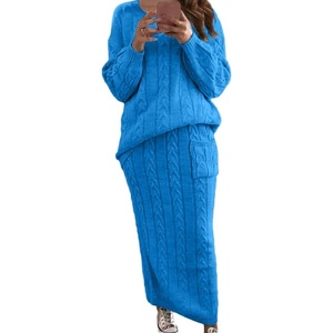 image:imagechouyatou Womens Warm 2 Piece Outfits Cable Knit Sweater Midi Pencil Skirt SetBright Blue