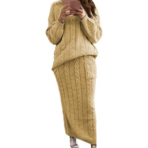 image:imagechouyatou Womens Warm 2 Piece Outfits Cable Knit Sweater Midi Pencil Skirt SetGinger