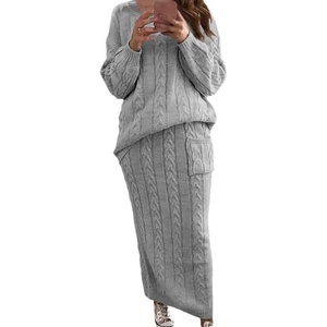 image:imagechouyatou Womens Warm 2 Piece Outfits Cable Knit Sweater Midi Pencil Skirt SetGrey