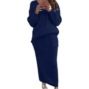 image:imagechouyatou Womens Warm 2 Piece Outfits Cable Knit Sweater Midi Pencil Skirt SetNavy Blue