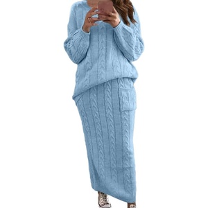 image:imagechouyatou Womens Warm 2 Piece Outfits Cable Knit Sweater Midi Pencil Skirt SetSky Blue