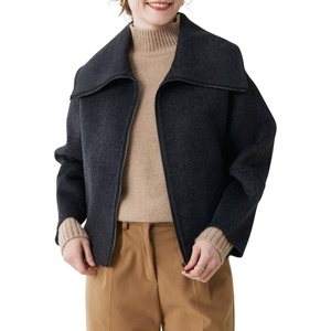 image:imagechouyatou Womens Winter Wool Cropped Jacket Coat Lapel Collar Zip Up Loose Short OuterwearBlack