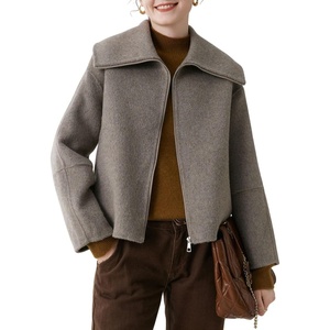 image:imagechouyatou Womens Winter Wool Cropped Jacket Coat Lapel Collar Zip Up Loose Short OuterwearGrey