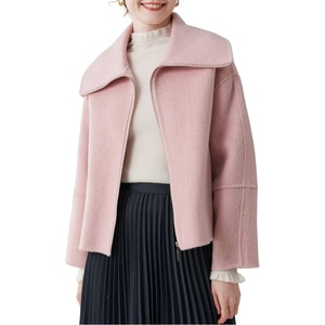 image:imagechouyatou Womens Winter Wool Cropped Jacket Coat Lapel Collar Zip Up Loose Short OuterwearPink
