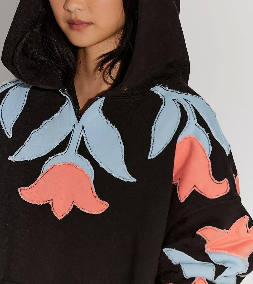 image:imagechouyatou Womens Y2k Floral Patchwork Pullover Hoodies Casual Oversized Sweatshirt Tops Contrast Color Hoodie JacketBlack