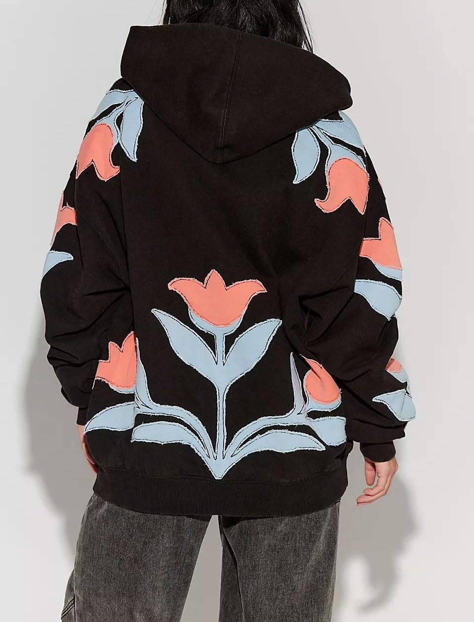 image:imagechouyatou Womens Y2k Floral Patchwork Pullover Hoodies Casual Oversized Sweatshirt Tops Contrast Color Hoodie JacketBlack