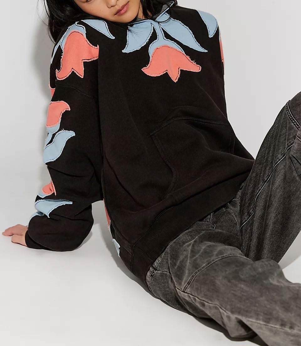 image:imagechouyatou Womens Y2k Floral Patchwork Pullover Hoodies Casual Oversized Sweatshirt Tops Contrast Color Hoodie JacketBlack