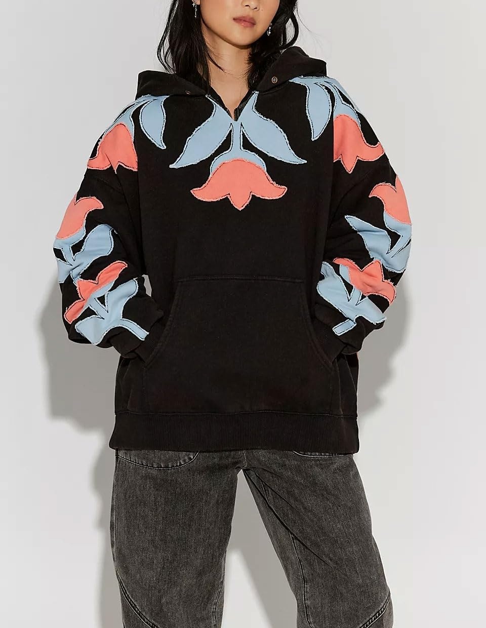 image:imagechouyatou Womens Y2k Floral Patchwork Pullover Hoodies Casual Oversized Sweatshirt Tops Contrast Color Hoodie JacketBlack