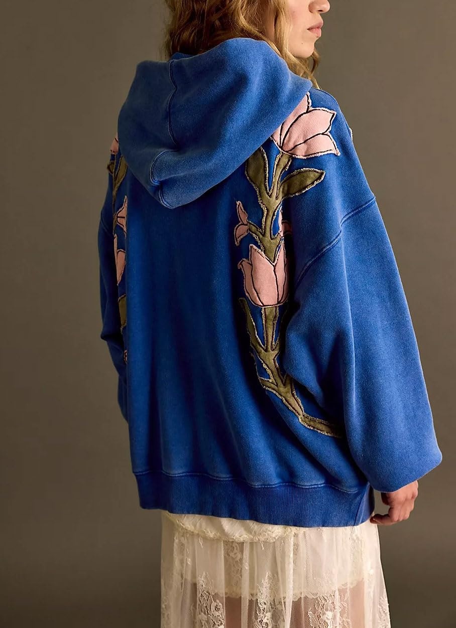 image:imagechouyatou Womens Y2k Floral Patchwork Pullover Hoodies Casual Oversized Sweatshirt Tops Contrast Color Hoodie JacketBlue