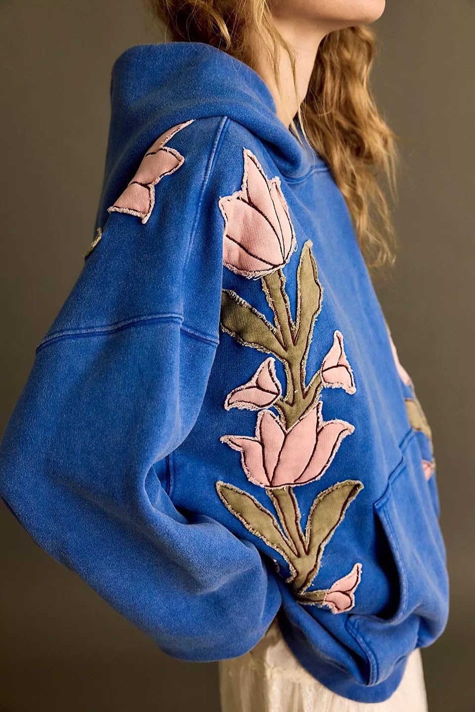 image:imagechouyatou Womens Y2k Floral Patchwork Pullover Hoodies Casual Oversized Sweatshirt Tops Contrast Color Hoodie JacketBlue