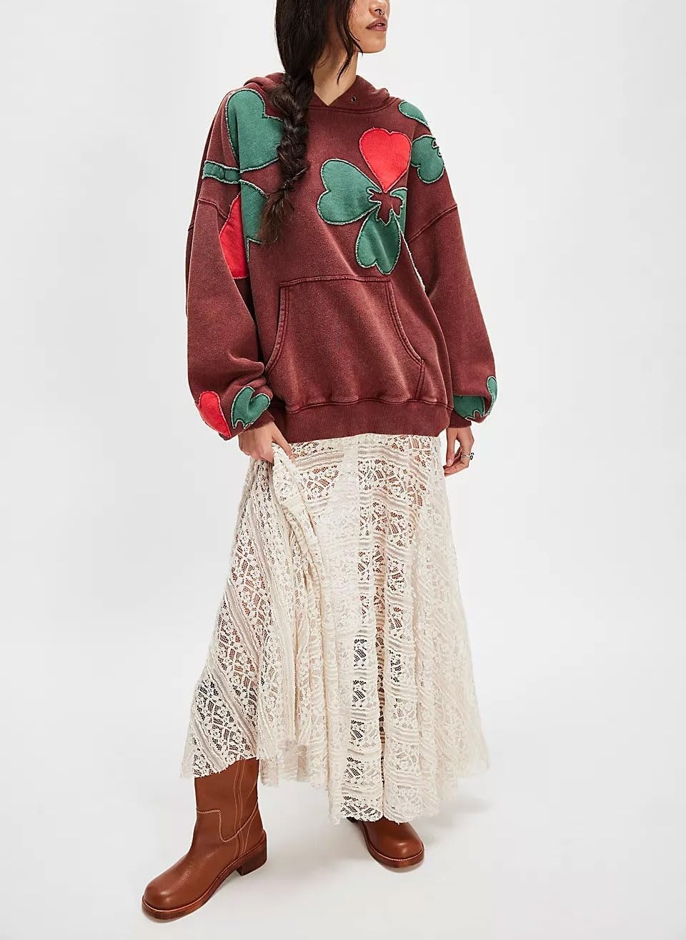 image:imagechouyatou Womens Y2k Floral Patchwork Pullover Hoodies Casual Oversized Sweatshirt Tops Contrast Color Hoodie JacketDark Red