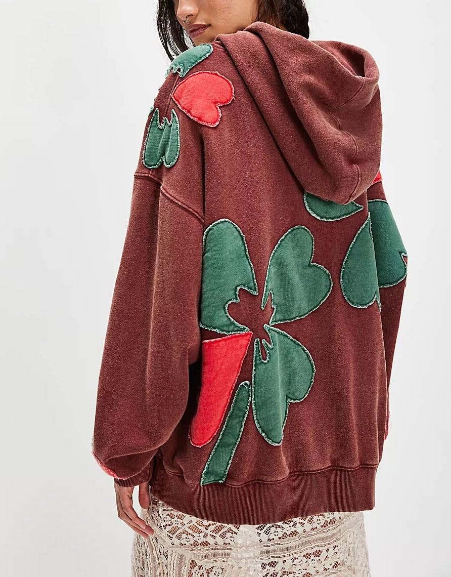 image:imagechouyatou Womens Y2k Floral Patchwork Pullover Hoodies Casual Oversized Sweatshirt Tops Contrast Color Hoodie JacketDark Red