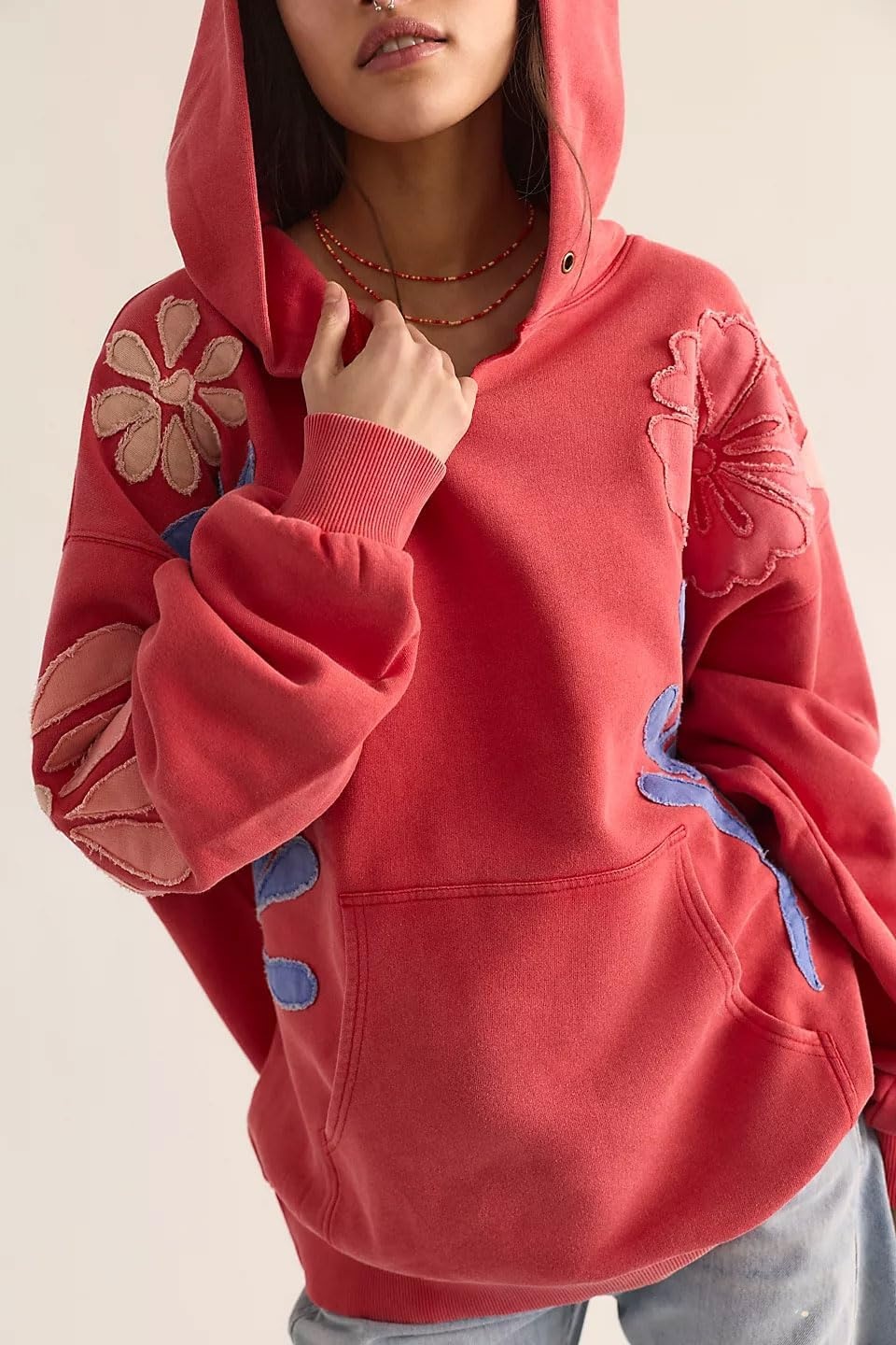 image:imagechouyatou Womens Y2k Floral Patchwork Pullover Hoodies Casual Oversized Sweatshirt Tops Contrast Color Hoodie JacketRed